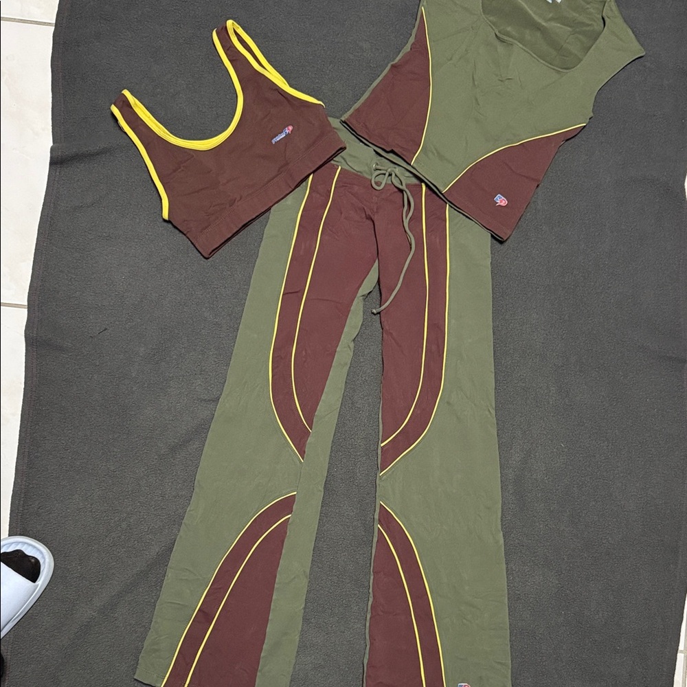 3-Piece Olive Green + Brown Active Set with Yellow Trim